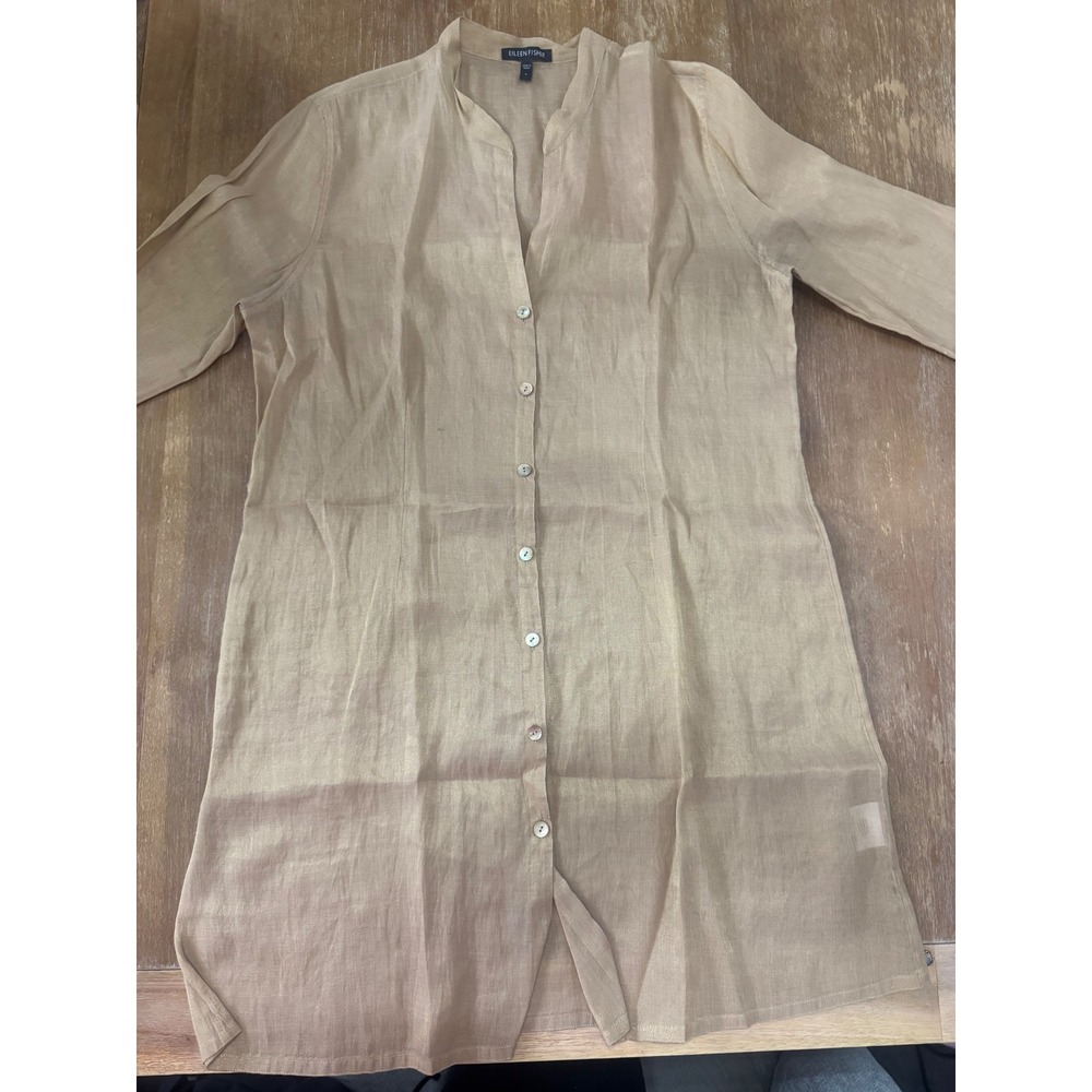 Eileen Fisher Gold Metallic Cotton Silk Tunic Button Down Shirt Small Sheer